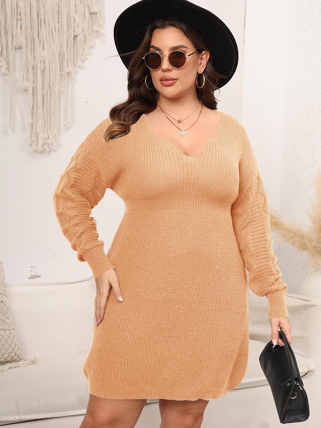 Plus Size Dropped Shoulder Long Sleeve Knit Mini Dress Sherbet