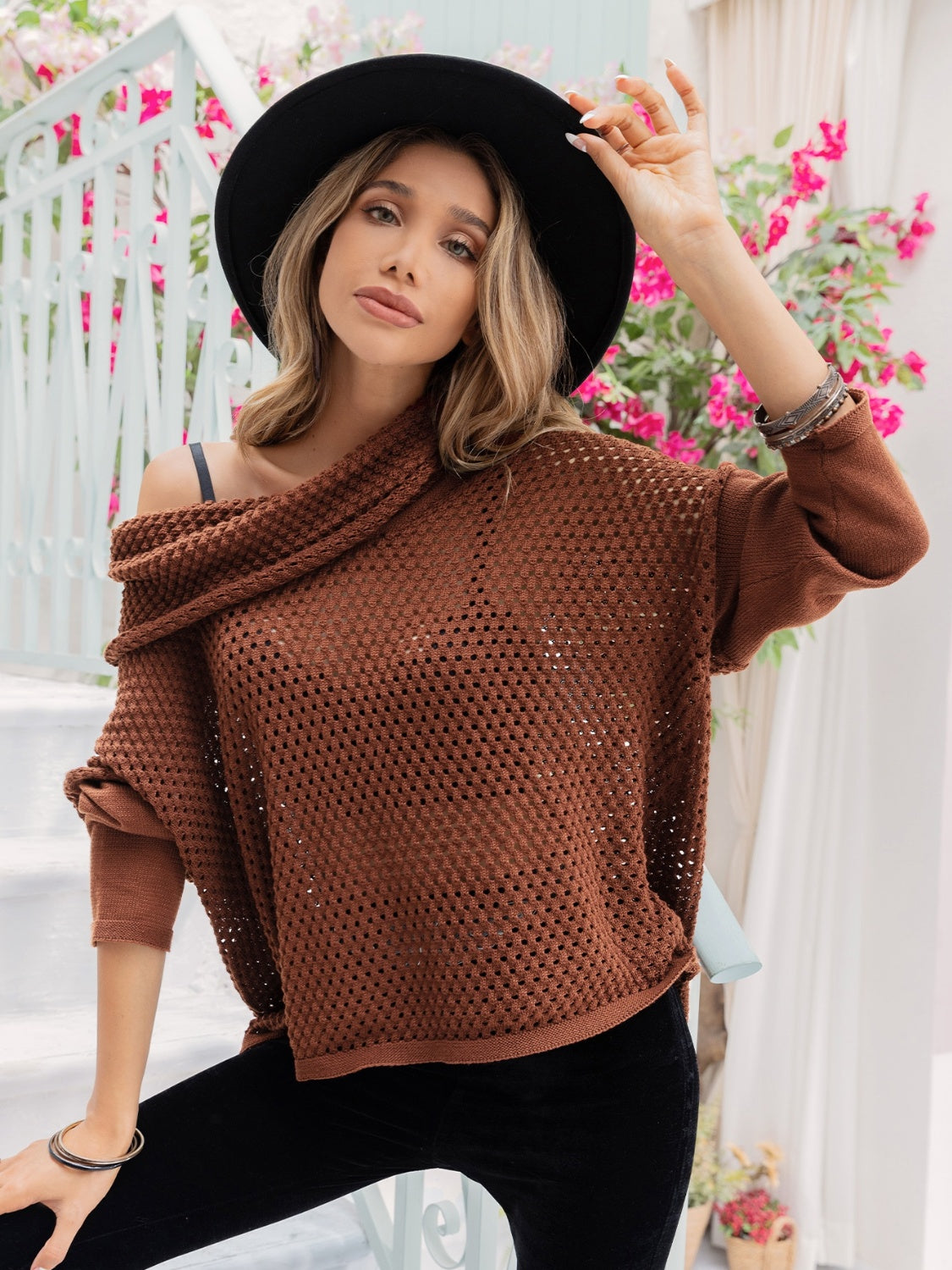 Openwork Mock Neck Dropped Shoulder Sweater Brown