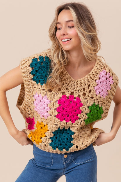 BiBi Granny Square Openwork Sweater Vest Taupe