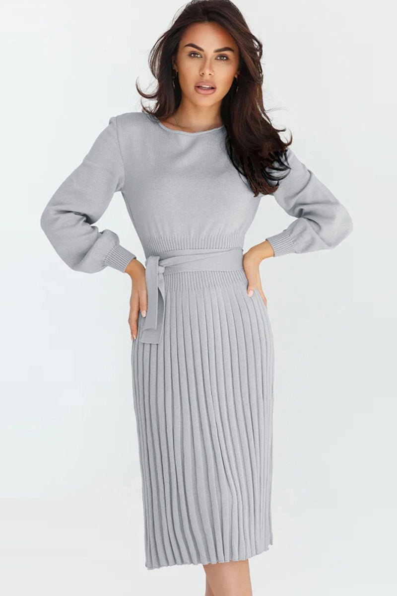 Round Neck Long Sleeve Pleated Sweater Dress Light Gray