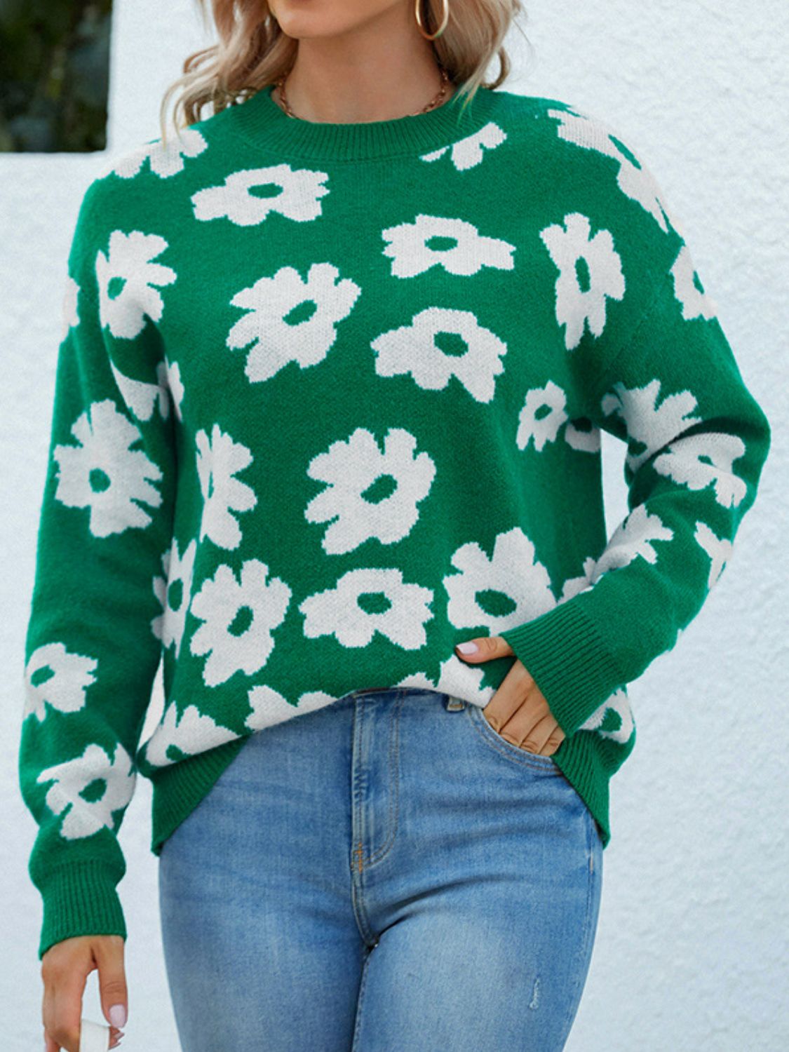 Floral Round Neck Sweater Green