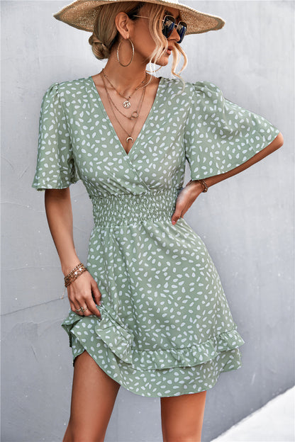 Printed Smocked Waist Layered Surplice Dress Gum Leaf