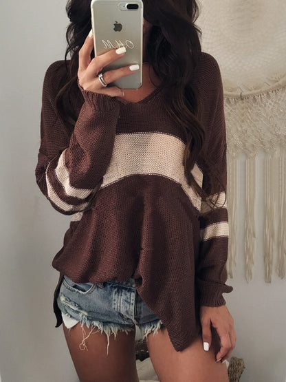 Striped V-Neck Long Sleeve Sweater Chocolate