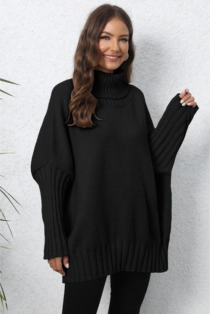 Turtle Neck Long Sleeve Ribbed Sweater Black One Size