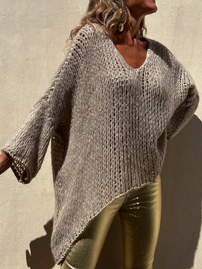 Contrast V-Neck Long Sleeve Sweater