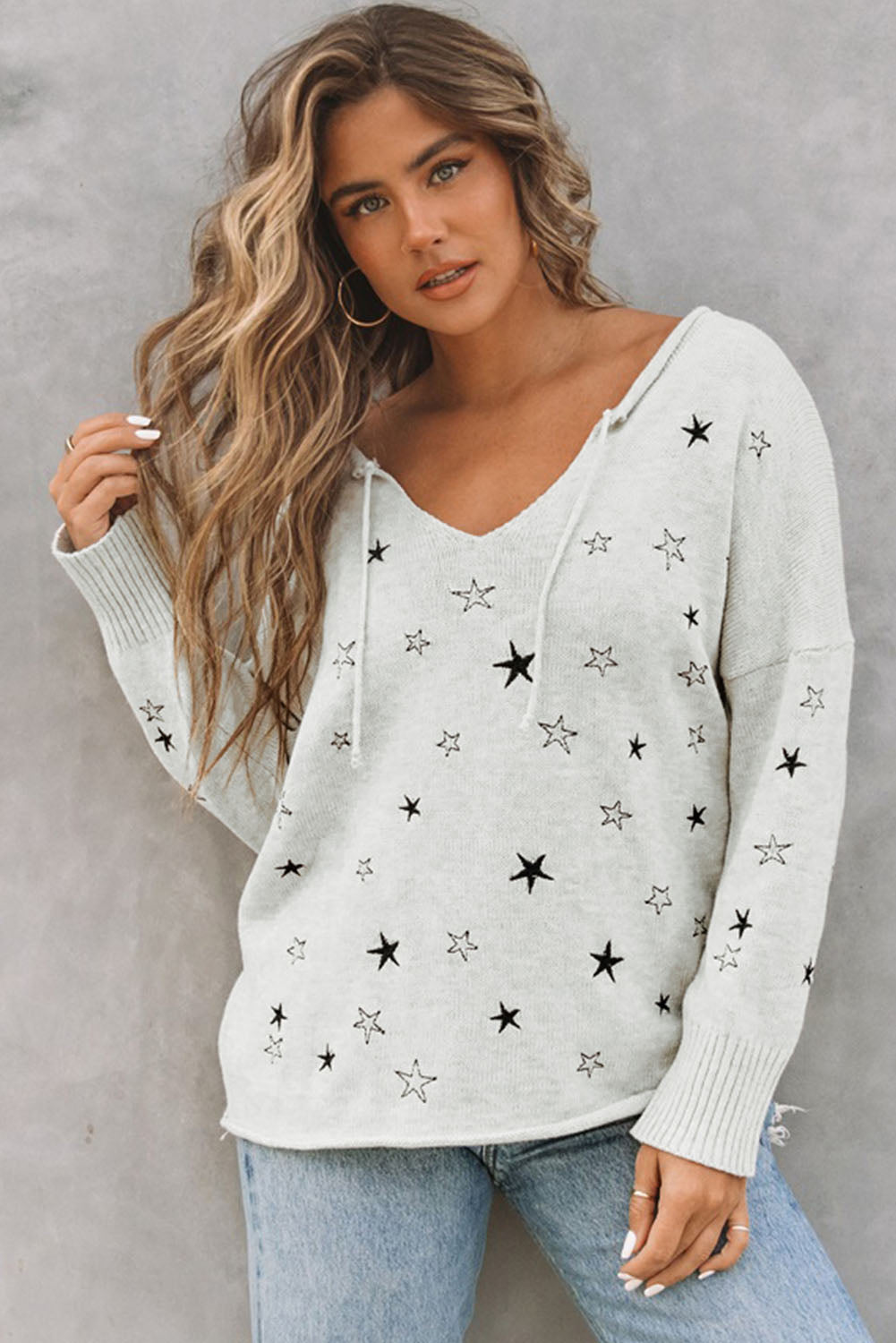 Woven Right Star V-Neck Roll Hem Drop Shoulder Sweater