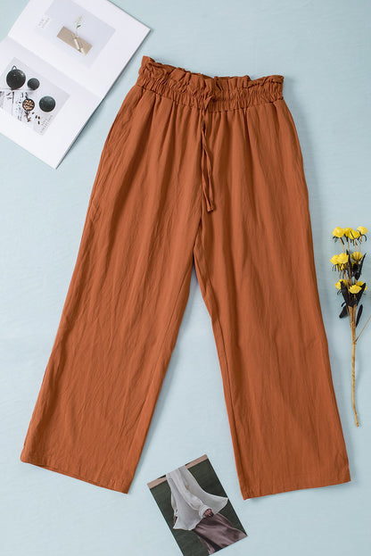 Drawstring Paperbag Waist Wide Leg Pants Caramel