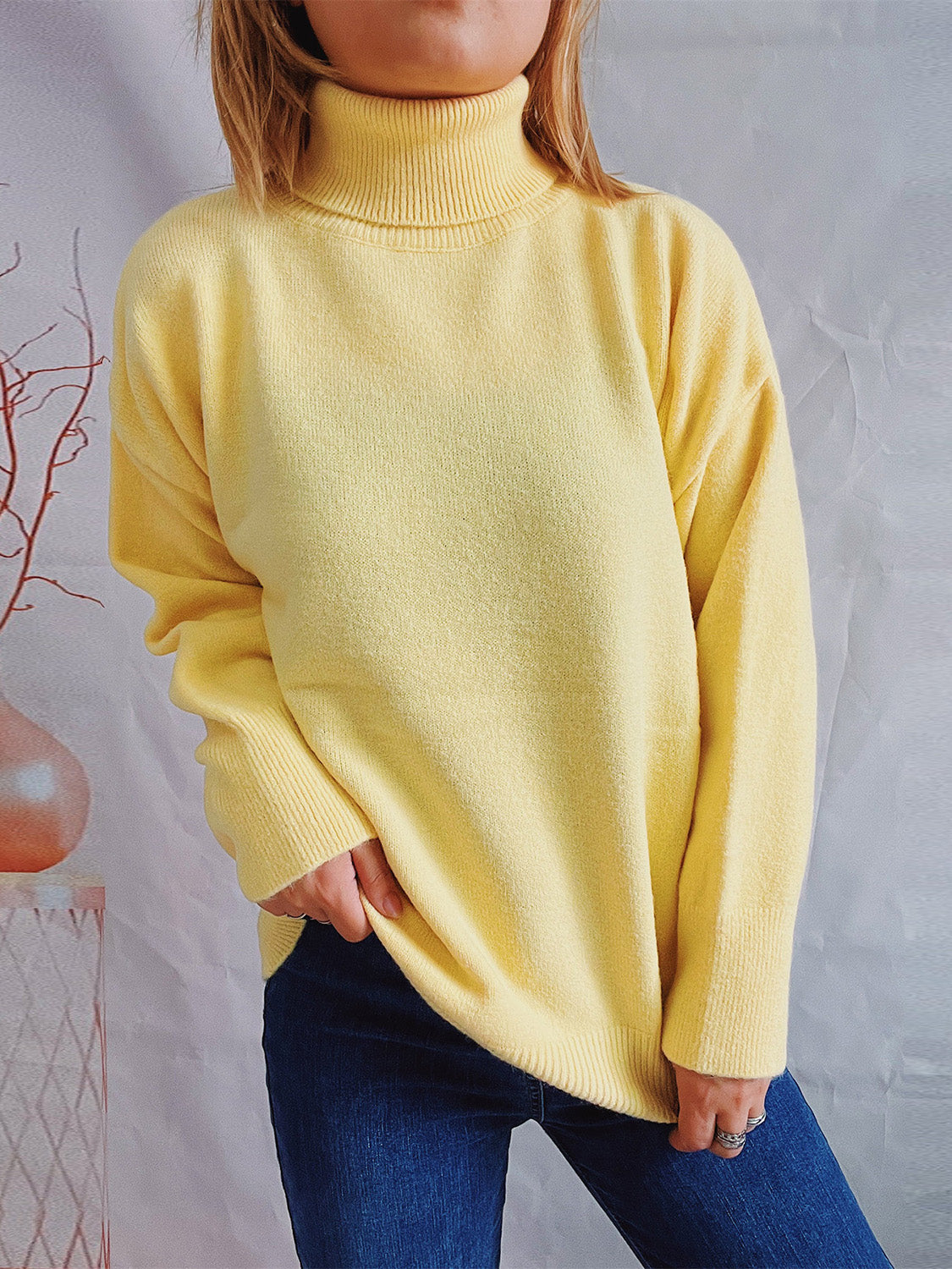 Turtleneck Long Sleeve Sweater True Yellow One Size