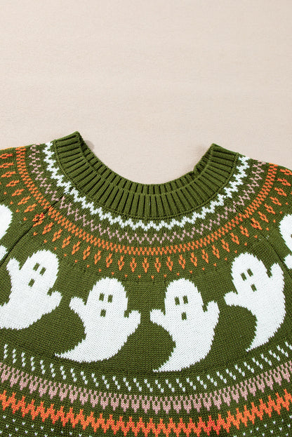 Jungle Green Halloween Ghost Pattern Drop Shoulder Sweater