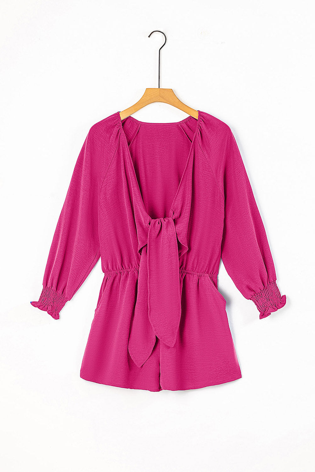 Tied Flounce Sleeve Plunge Romper Cerise