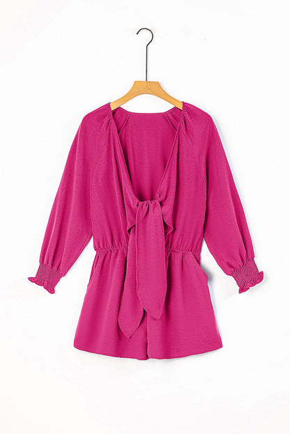 Tied Flounce Sleeve Plunge Romper Cerise