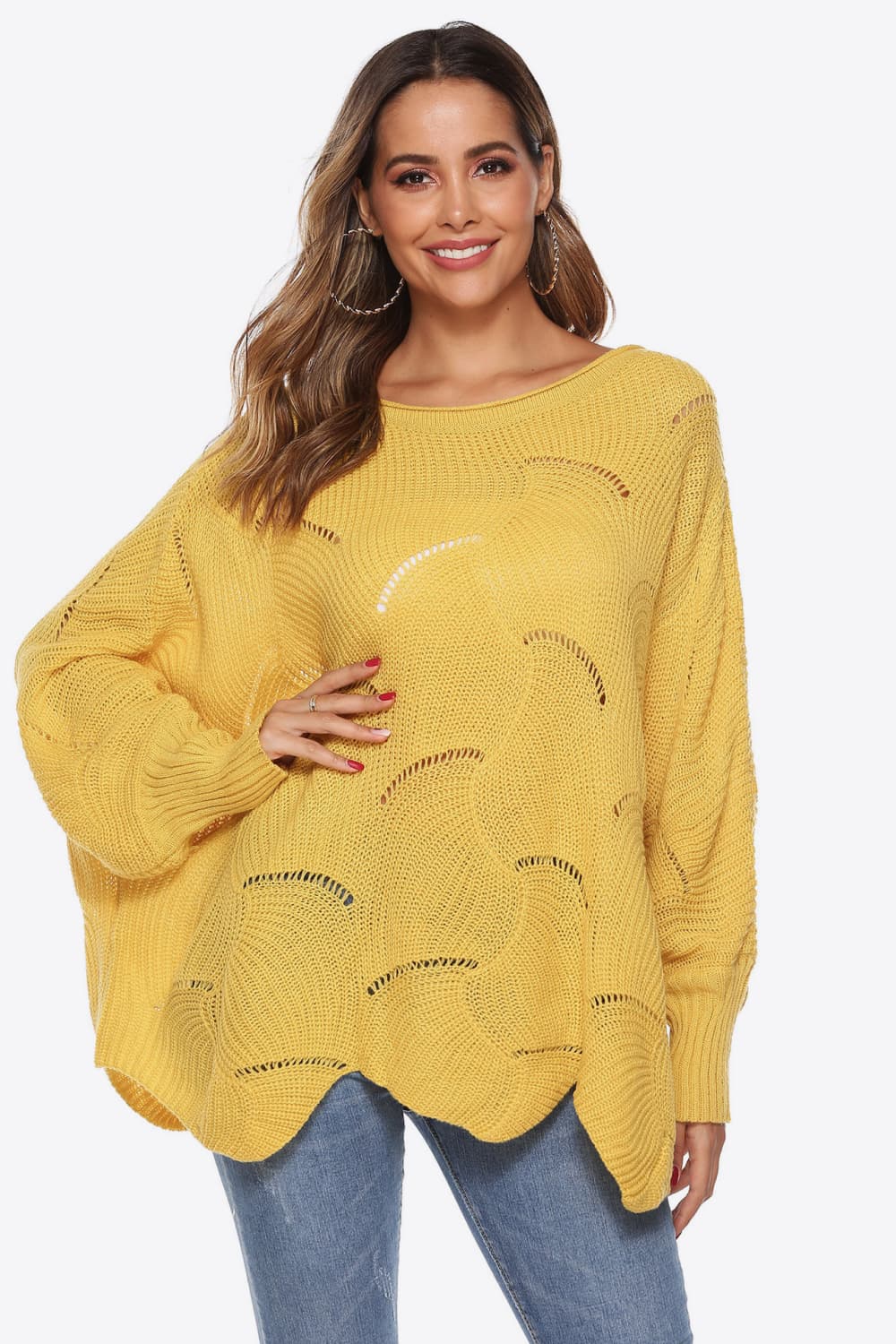 Round Neck Long Sleeve Openwork Sweater Yellow