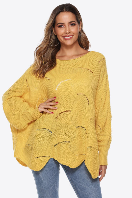 Round Neck Long Sleeve Openwork Sweater Yellow