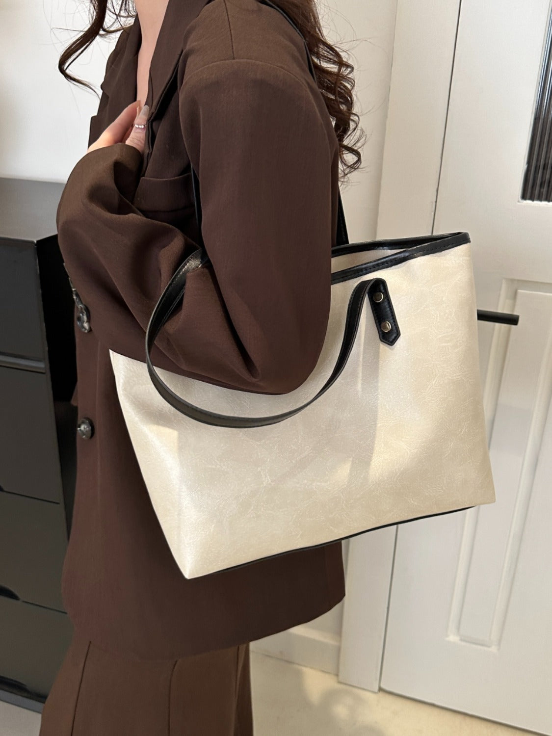 PU Leather Medium Shoulder Bag Beige One Size