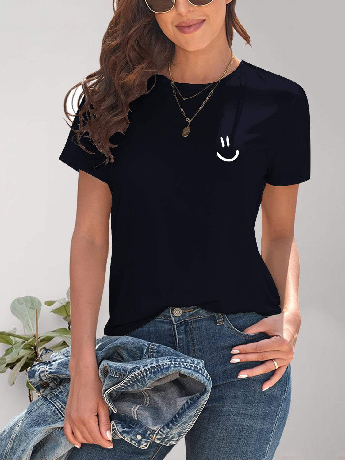 Smile Graphic Round Neck Short Sleeve T-Shirt - Thandynie