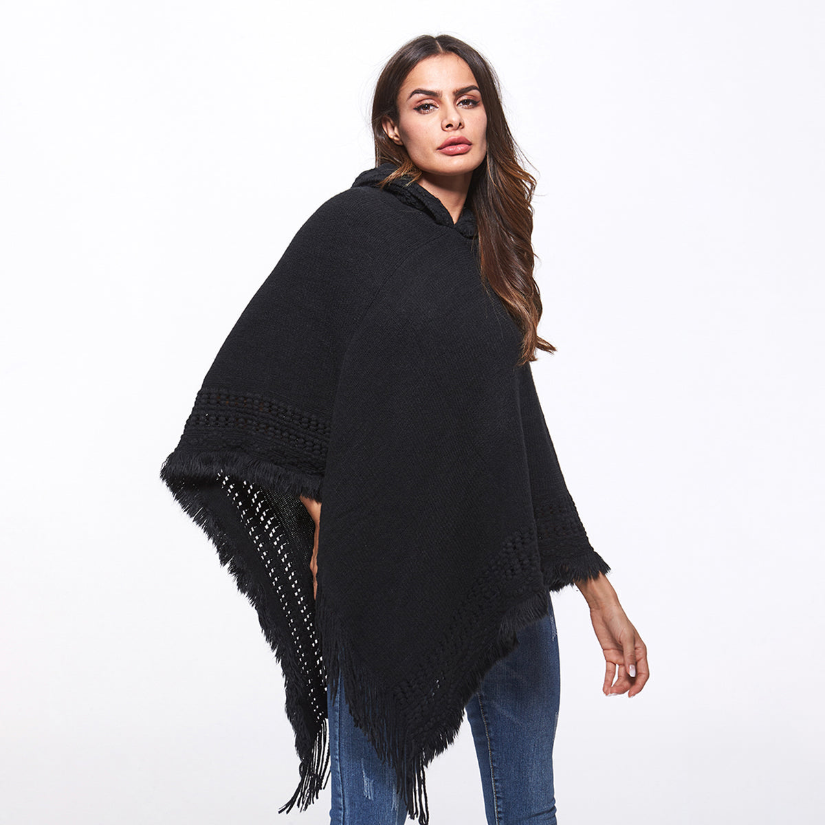 Openwork Fringe Hem Hooded Poncho - Thandynie