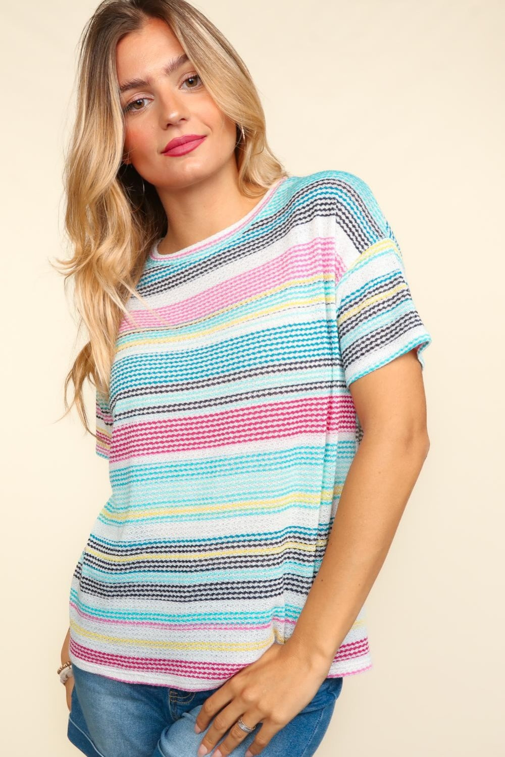 Haptics Waffle Stripe Short Sleeve T-Shirt - Thandynie