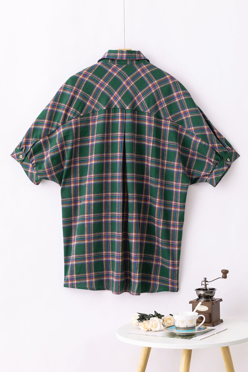 Green Oversized Plaid Half Sleeve Tunic Shirt