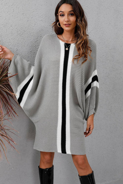 Ribbed Round Neck Long Sleeve Sweater Dress Light Gray