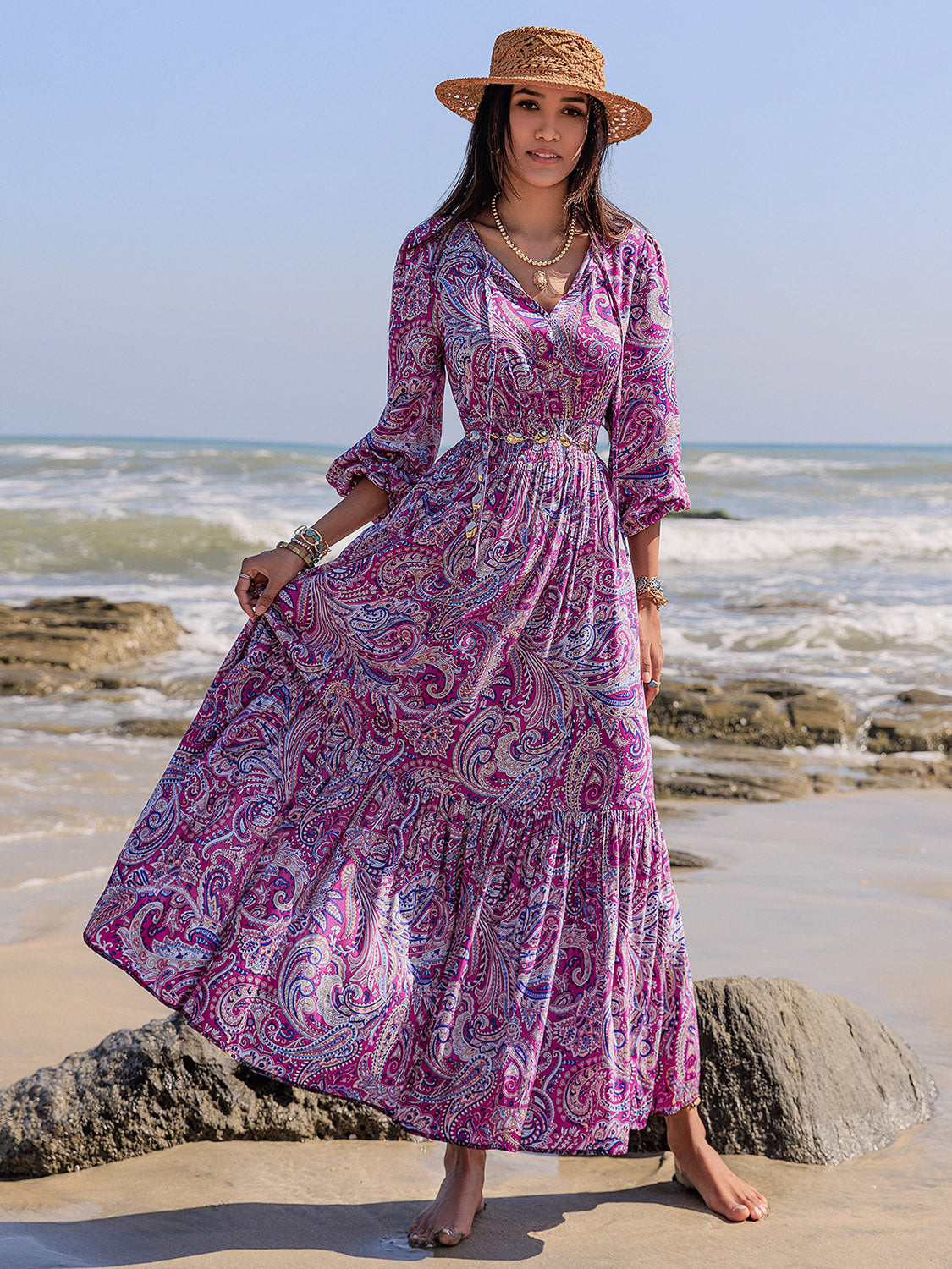 Printed Tie Neck Balloon Sleeve Maxi Dress Heliotrope Purple