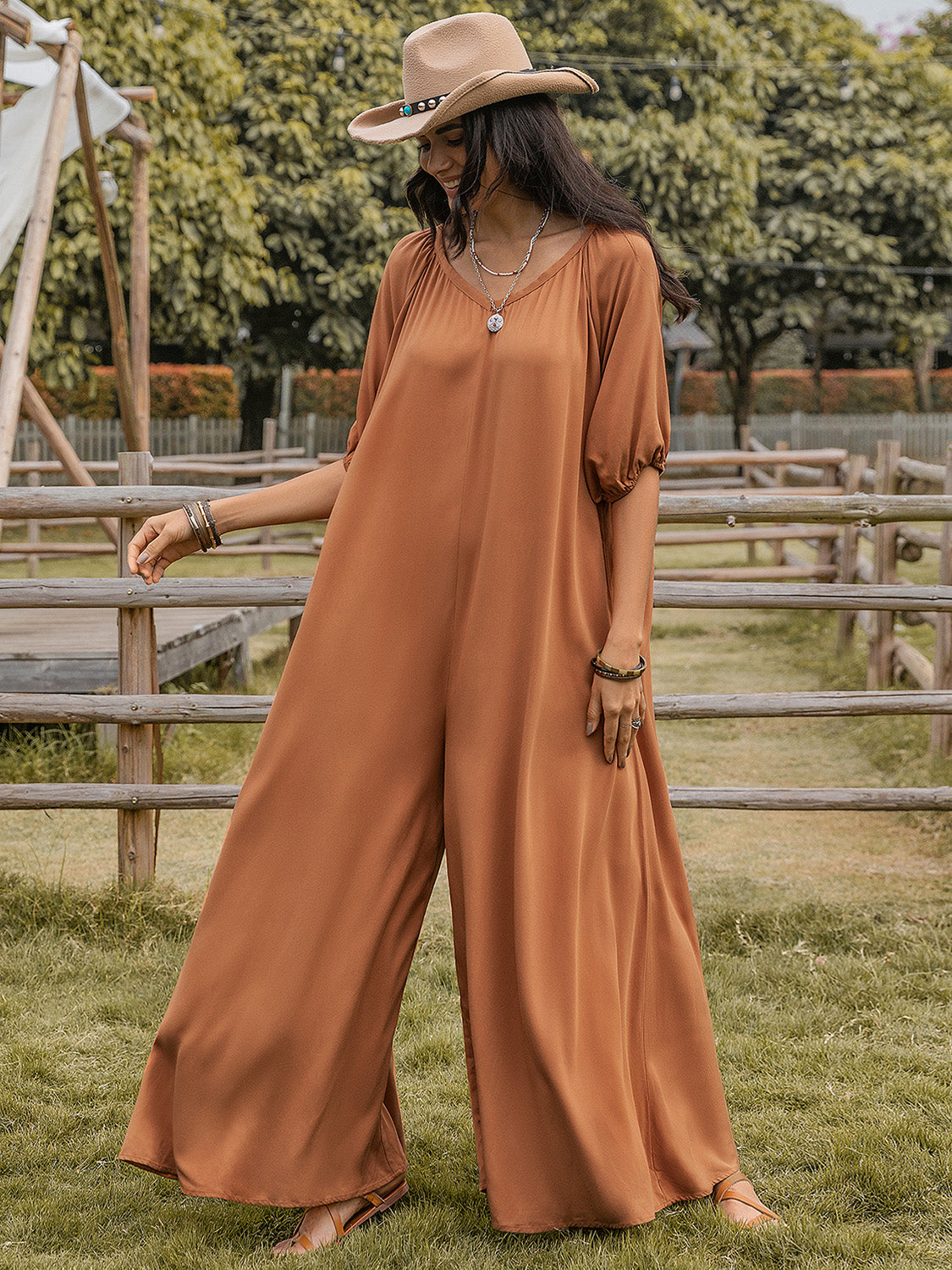 Scoop Neck Half Sleeve Wide Leg Jumpsuit Caramel