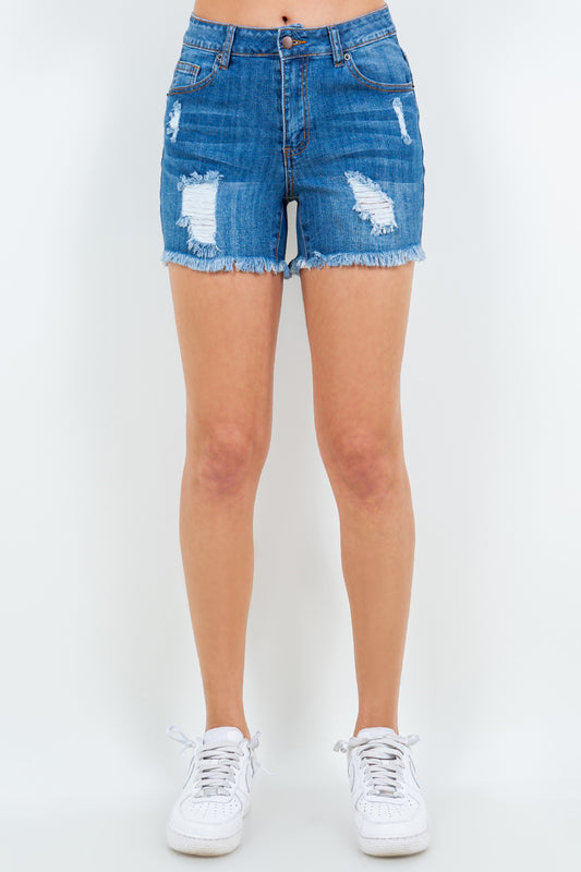 American Bazi High Waist Distressed Frayed Denim Shorts Blue