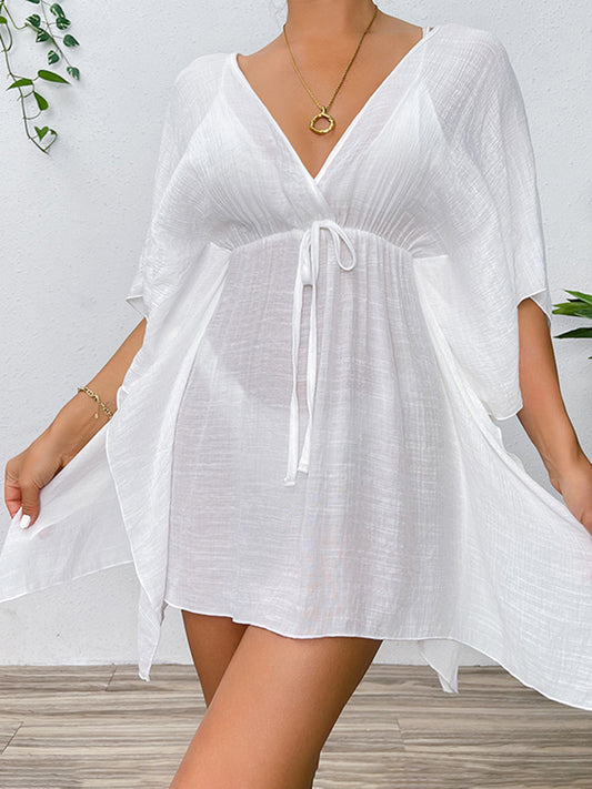 Tied Surplice Half Sleeve Cover Up White One Size