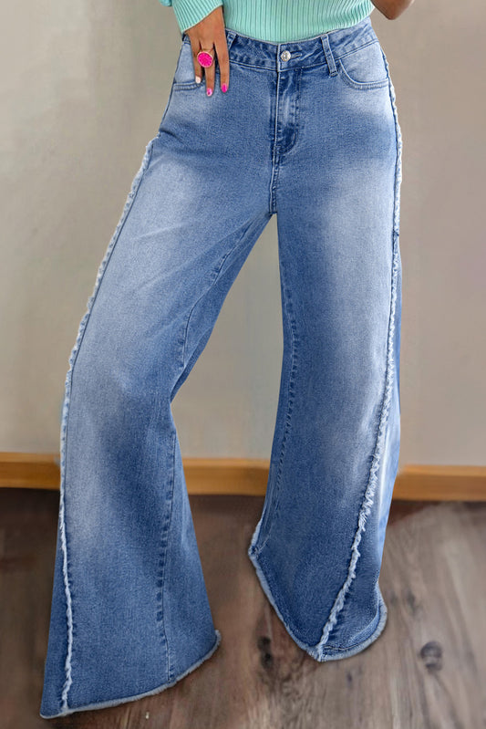 Beau Blue Vintage Stitching Raw Hem Flared Jeans Beau Blue 71%Cotton+27.5%Polyester+1.5%Elastane