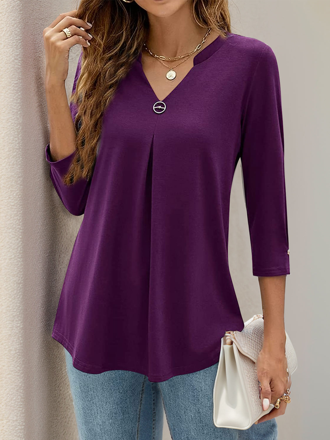 Notched Three-Quarter Sleeve T-Shirt Violet