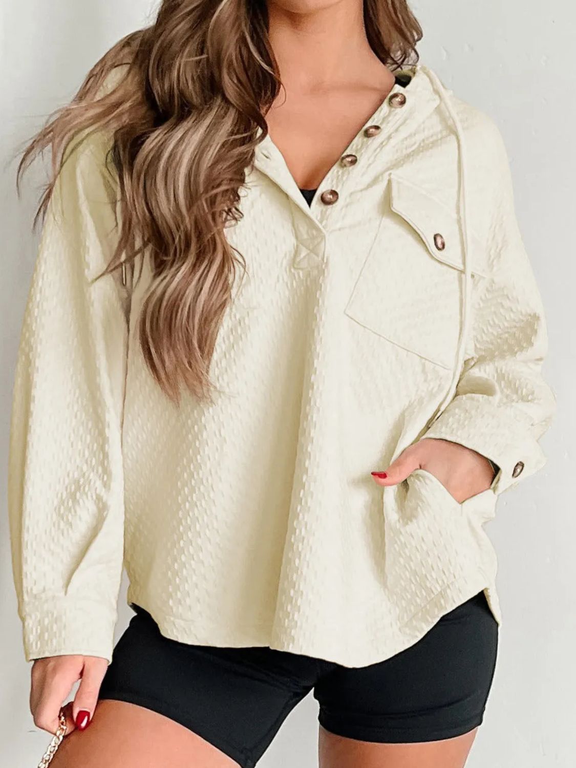 Drawstring Half Button Long Sleeve Hoodie Beige