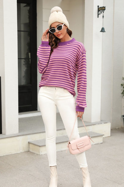 Striped Round Neck Dropped Shoulder Sweater