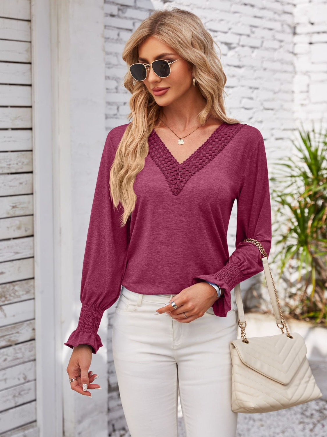 Smocked V-Neck Long Sleeve Blouse Hot Pink