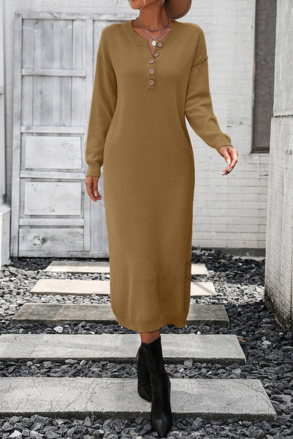 Decorative Button Notched Dropped Shoulder Sweater Dress Camel