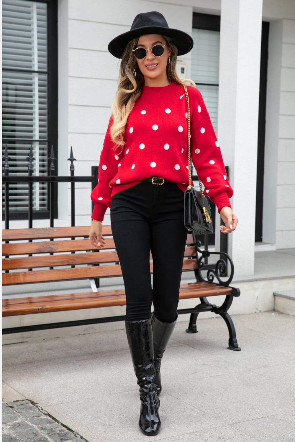 Woven Right Polka Dot Round Neck Dropped Shoulder Sweater