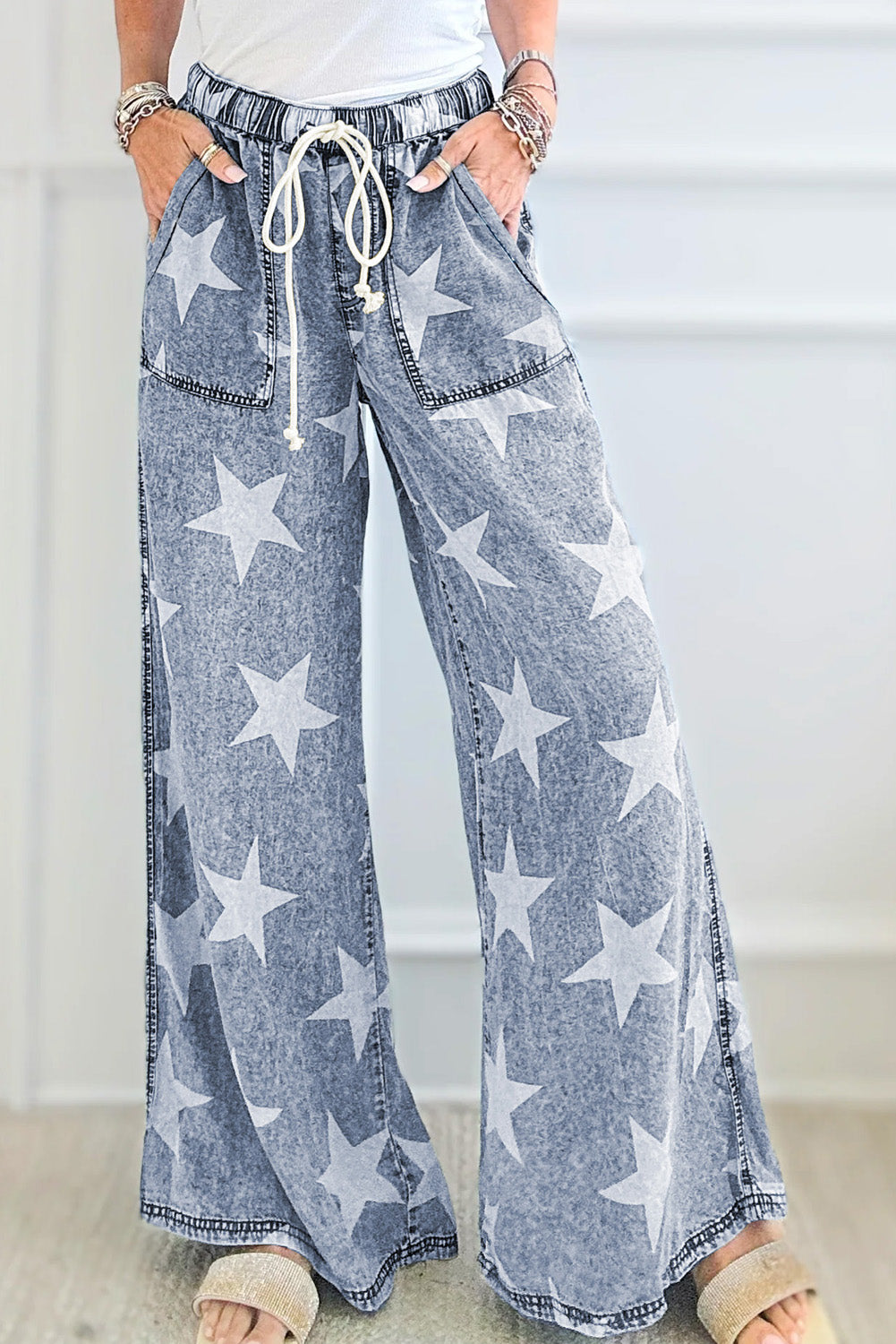 Light Blue Star Print Light Wash Drawstring High Waist Wide Leg Jeans Light Blue 82%Cotton+10%Polyester+8%Viscose