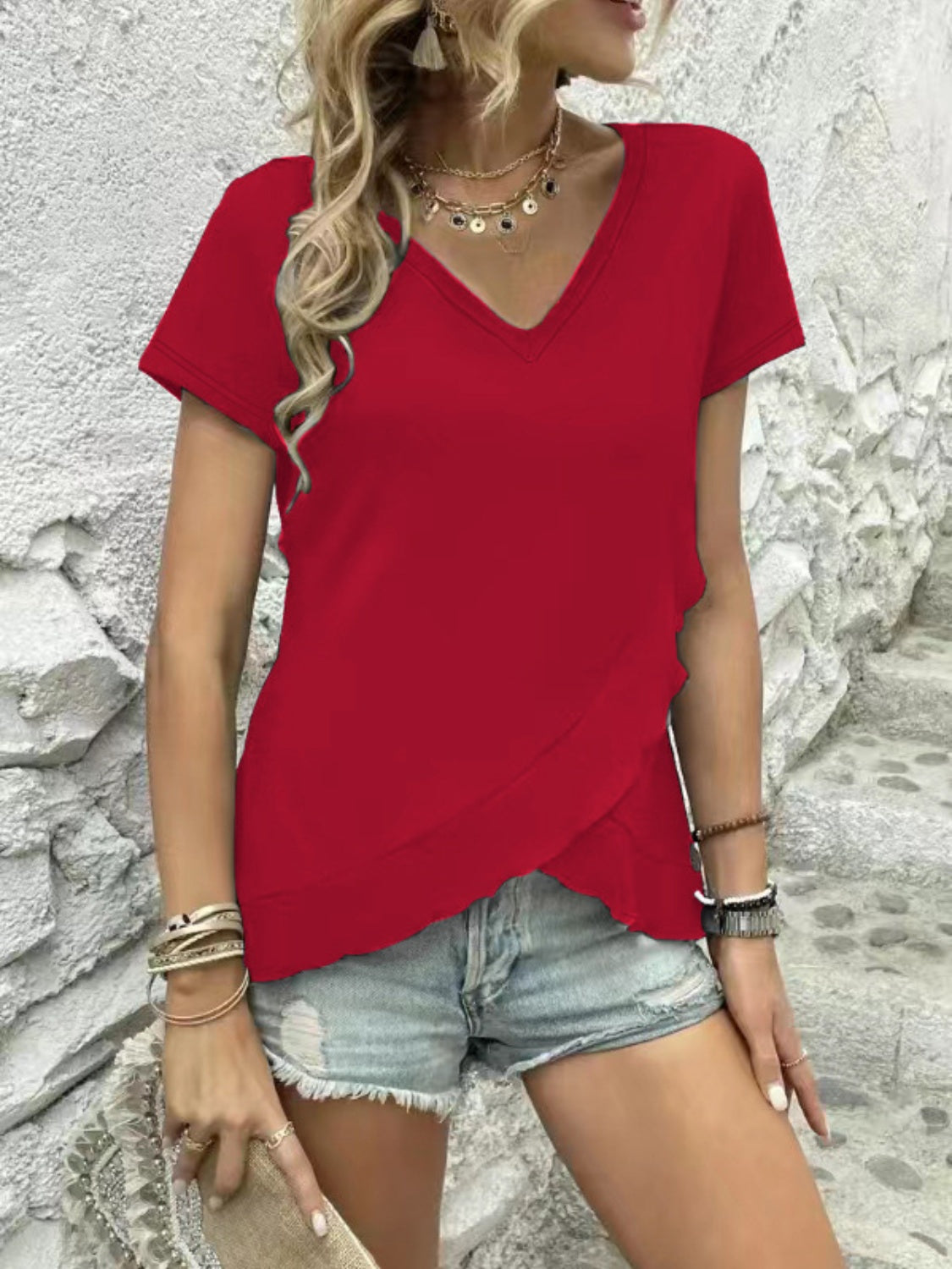 V-Neck Short Sleeve Blouse Burgundy