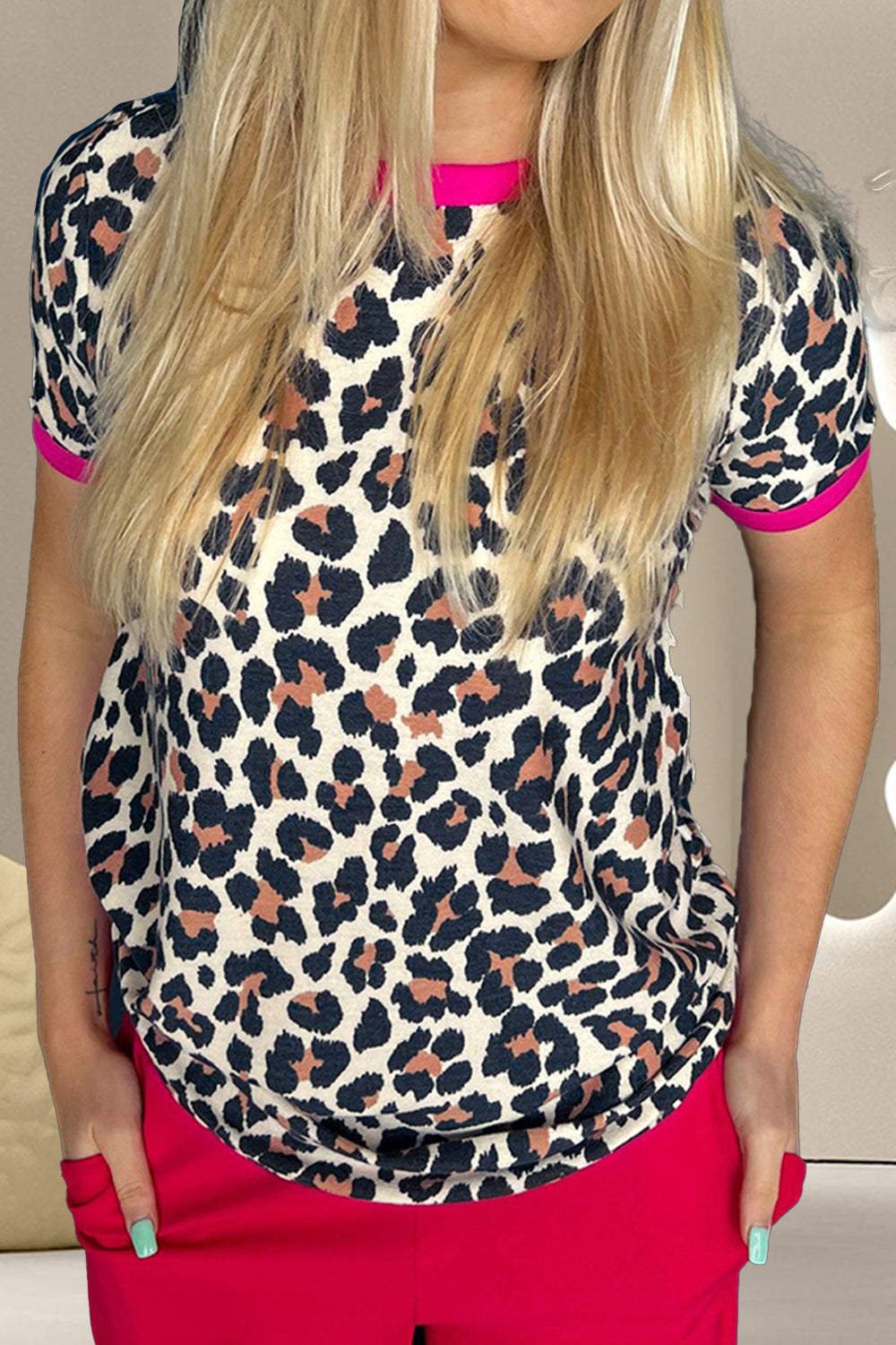 Leopard Round Neck Short Sleeve T-Shirt Leopard