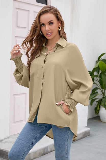 High-Low Collared Neck Lantern Sleeve Shirt