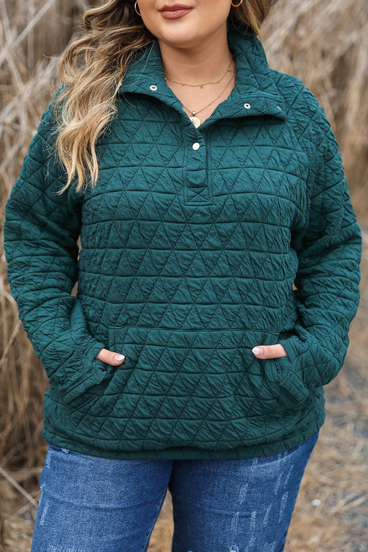 Blackish Green Plus Size Quilted Sweatshirt with Buttoned Neckline & Kangaroo Pocket Blackish Green 95%Polyester+5%Elastane