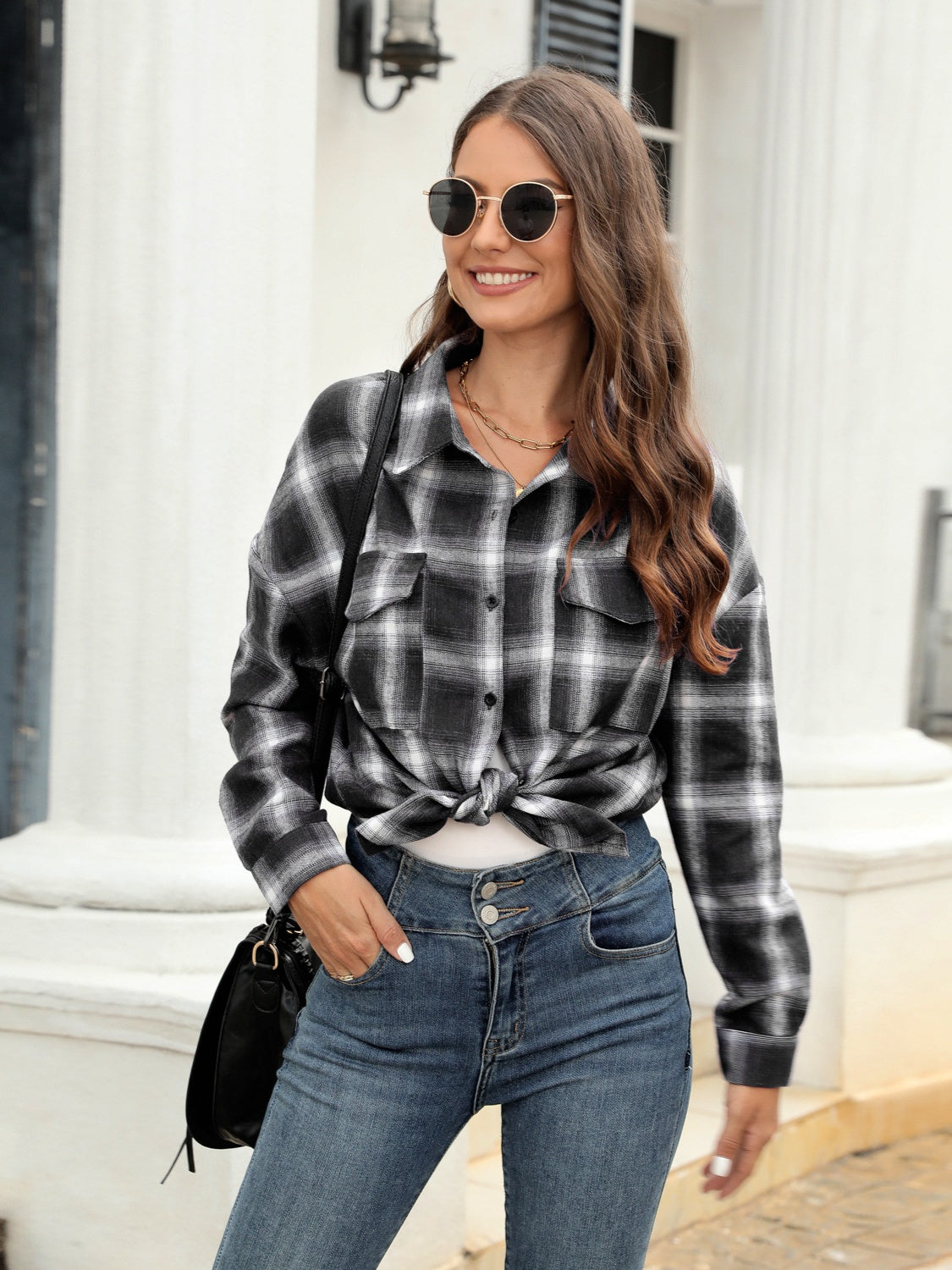 Plaid Button Up Pocketed Shirt Black