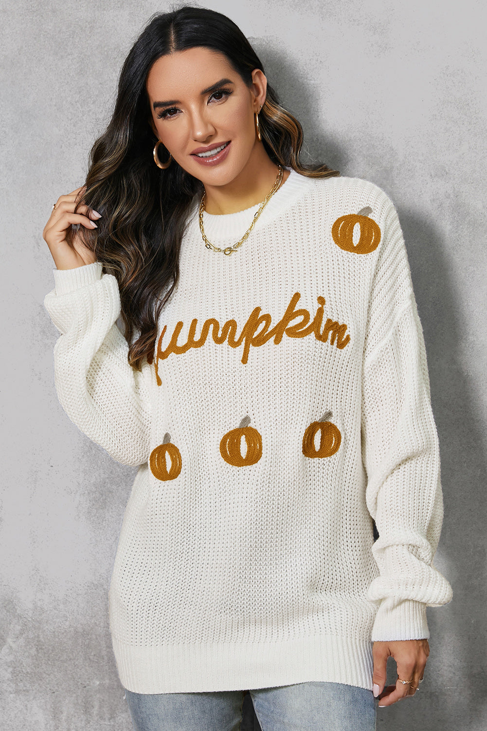 Pumpkin Embroidery Long Sleeve Sweater White