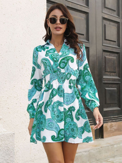 Paisley Print Johnny Collar Smocked Dress Teal