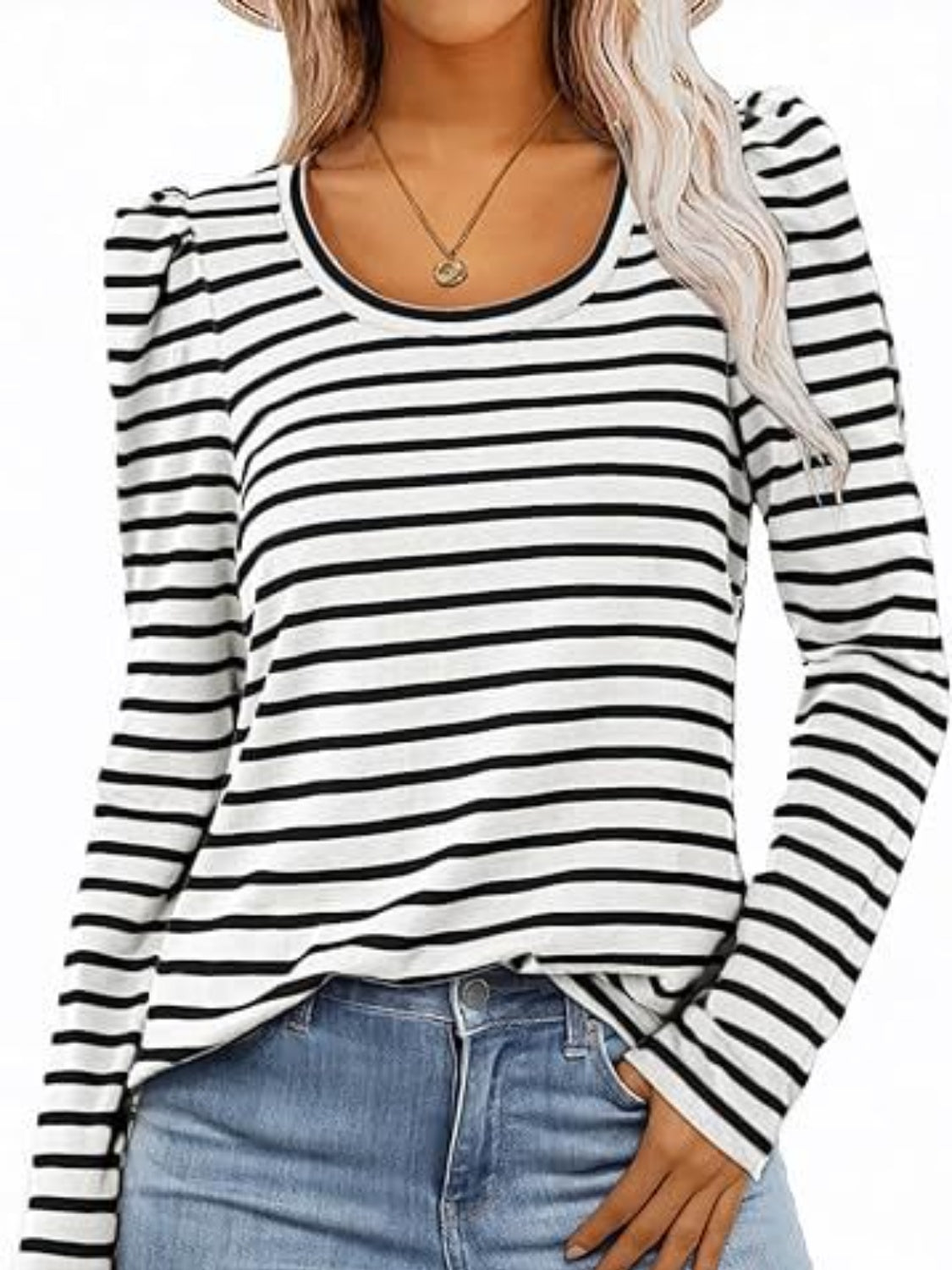 Striped Round Neck Long Sleeve T-Shirt White