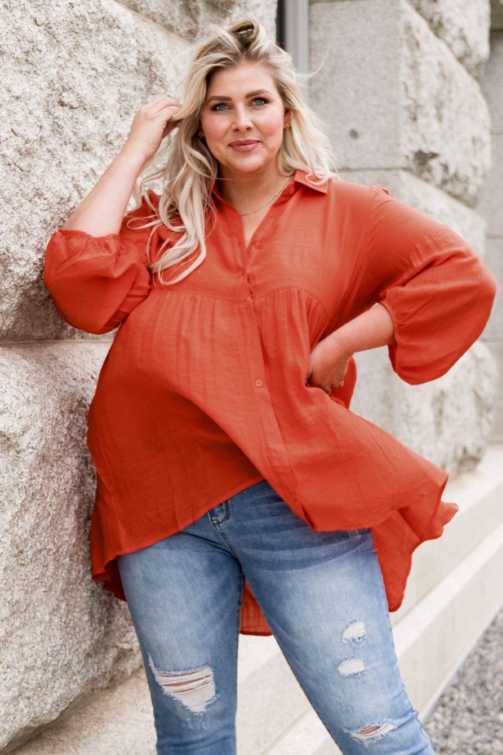 Plus Size Collared Balloon Sleeve Shirt - Thandynie