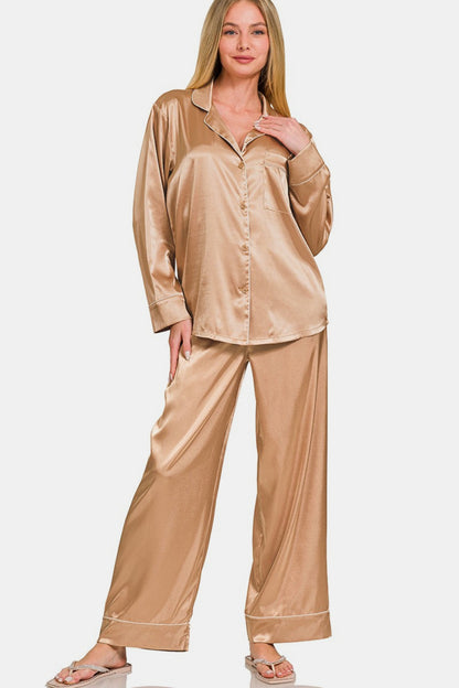 Zenana Satin Long Sleeve Shirt and Pants Pajama Set Brush