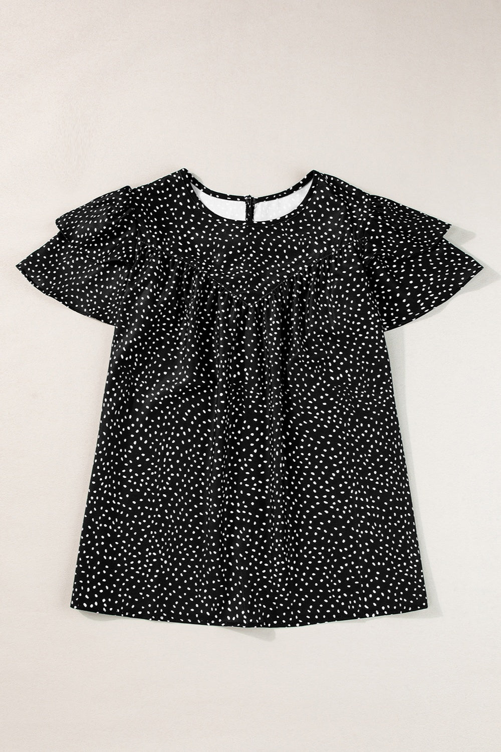 Ruffled Printed Round Neck Cap Sleeve Blouse Black