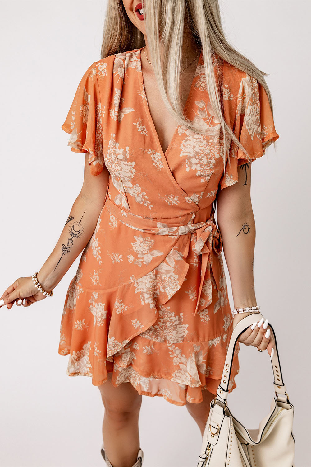 Floral Flutter Sleeve Tie Waist Ruffled Dress Orange