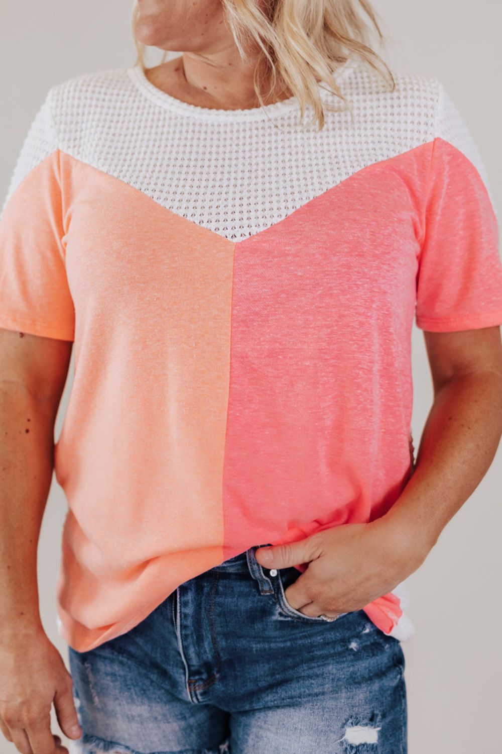 Plus Size Color Block Round Neck Short Sleeve T-Shirt Sherbet