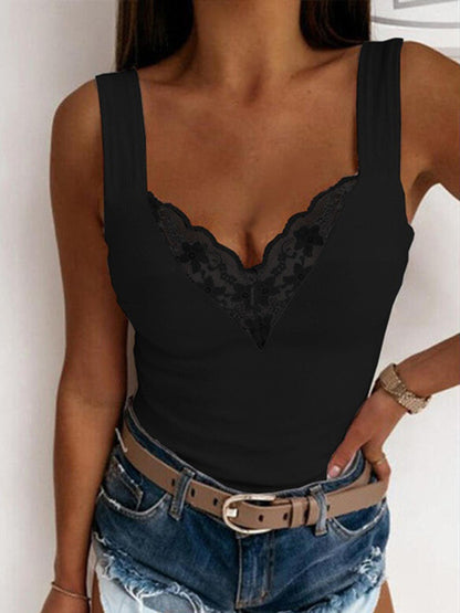 Full Size Lace Detail Sweetheart Neck Tank Black