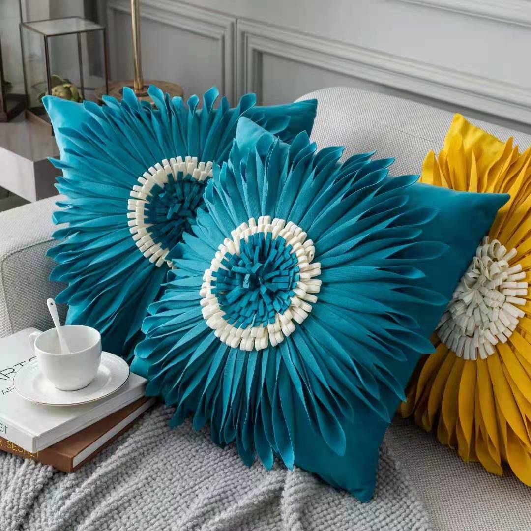 Fashion Modern Style White Throw Pillows Velvet Stitching 3D Chrysanthemum Cushion Waist Pillow Blue Cushion Case